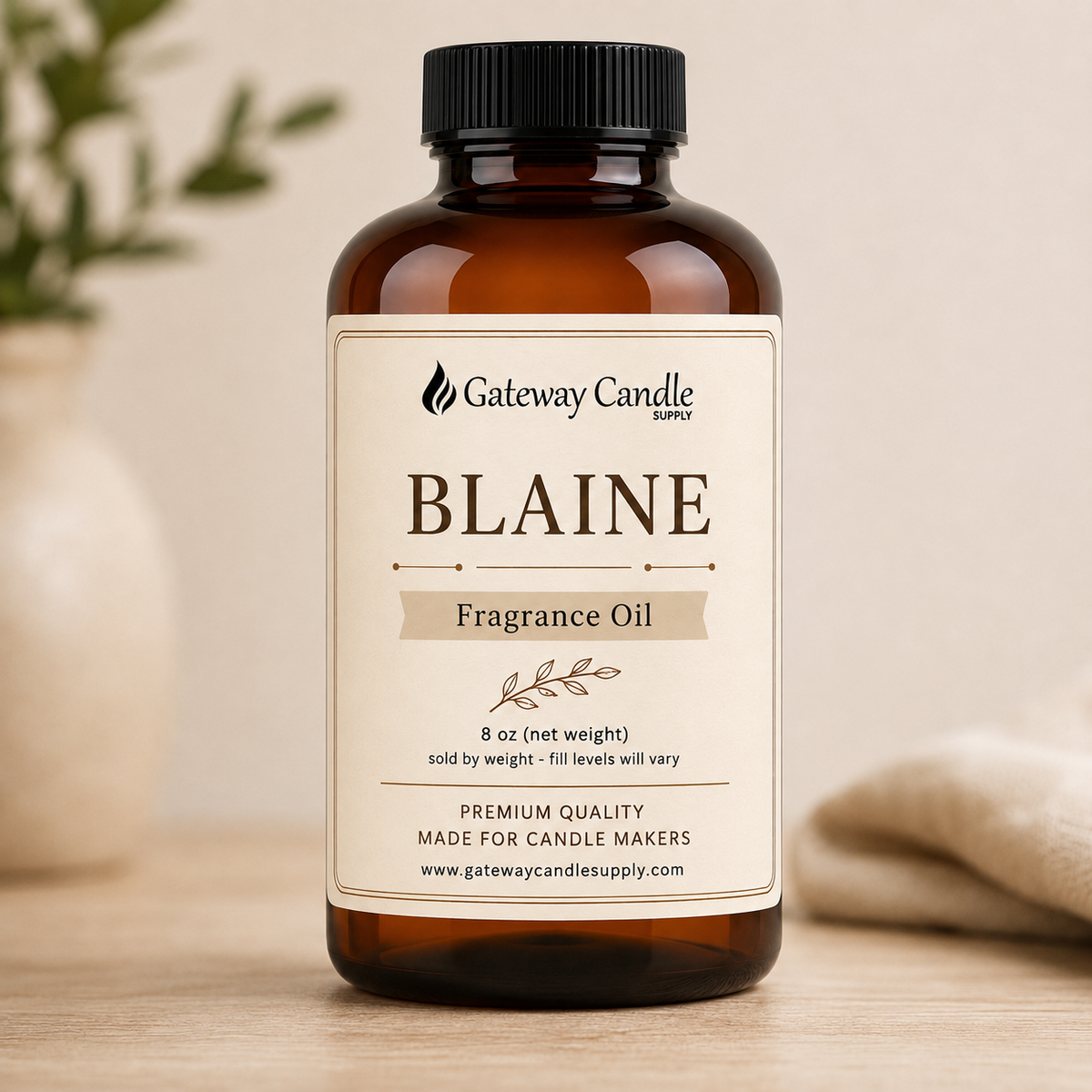 Blaine fragrance oil in an 8 oz amber bottle from Gateway Candle Supply