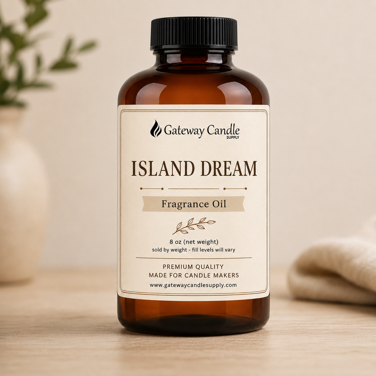 Island Dream fragrance oil in an 8 oz amber bottle from Gateway Candle Supply