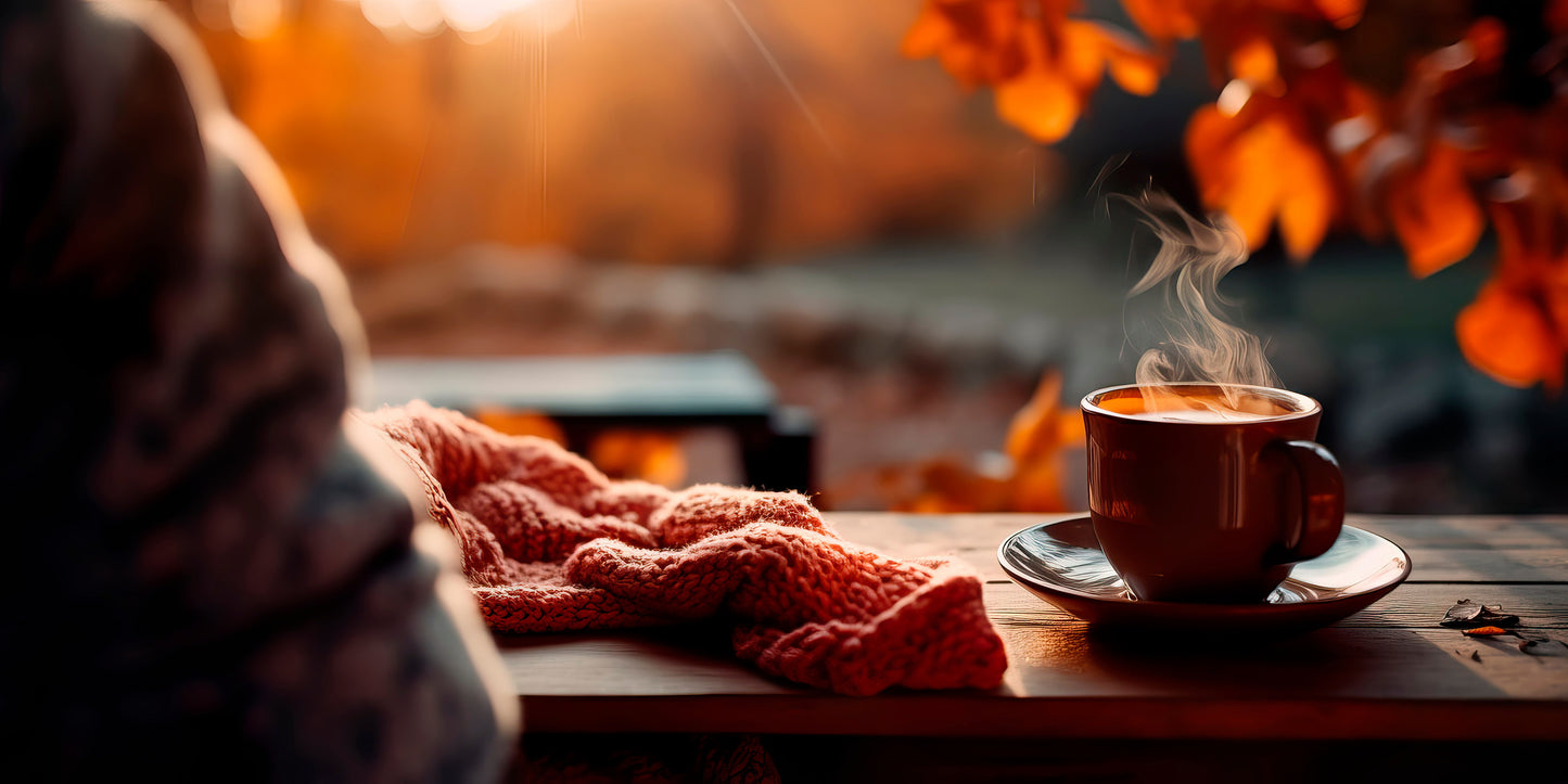 a sweater laying on top of a table with a warm beverage and fall weather outside