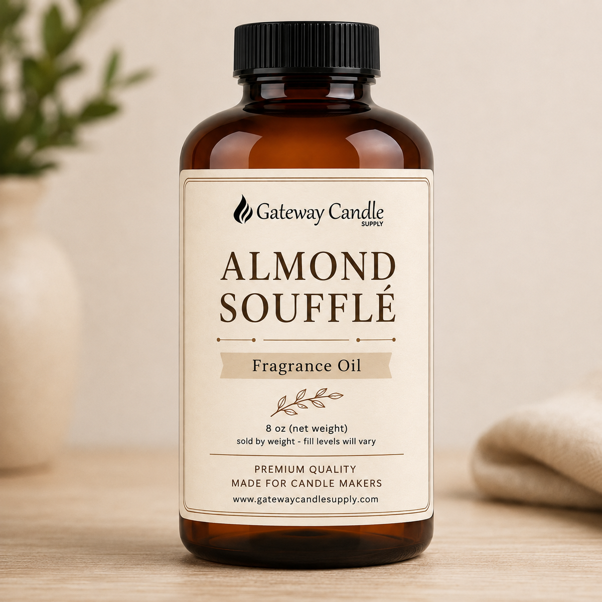 Almond Soufflé fragrance oil in an 8 oz amber bottle from Gateway Candle Supply
