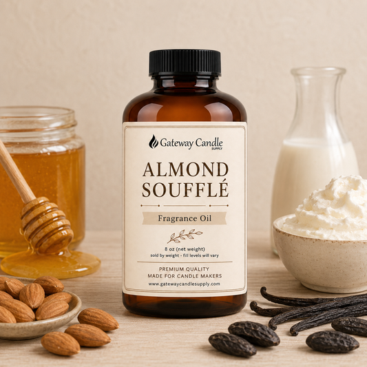 Almond Soufflé fragrance oil bottle surrounded by ingredients representing its scent notes