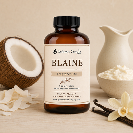 Blaine fragrance oil bottle surrounded by ingredients representing its scent notes