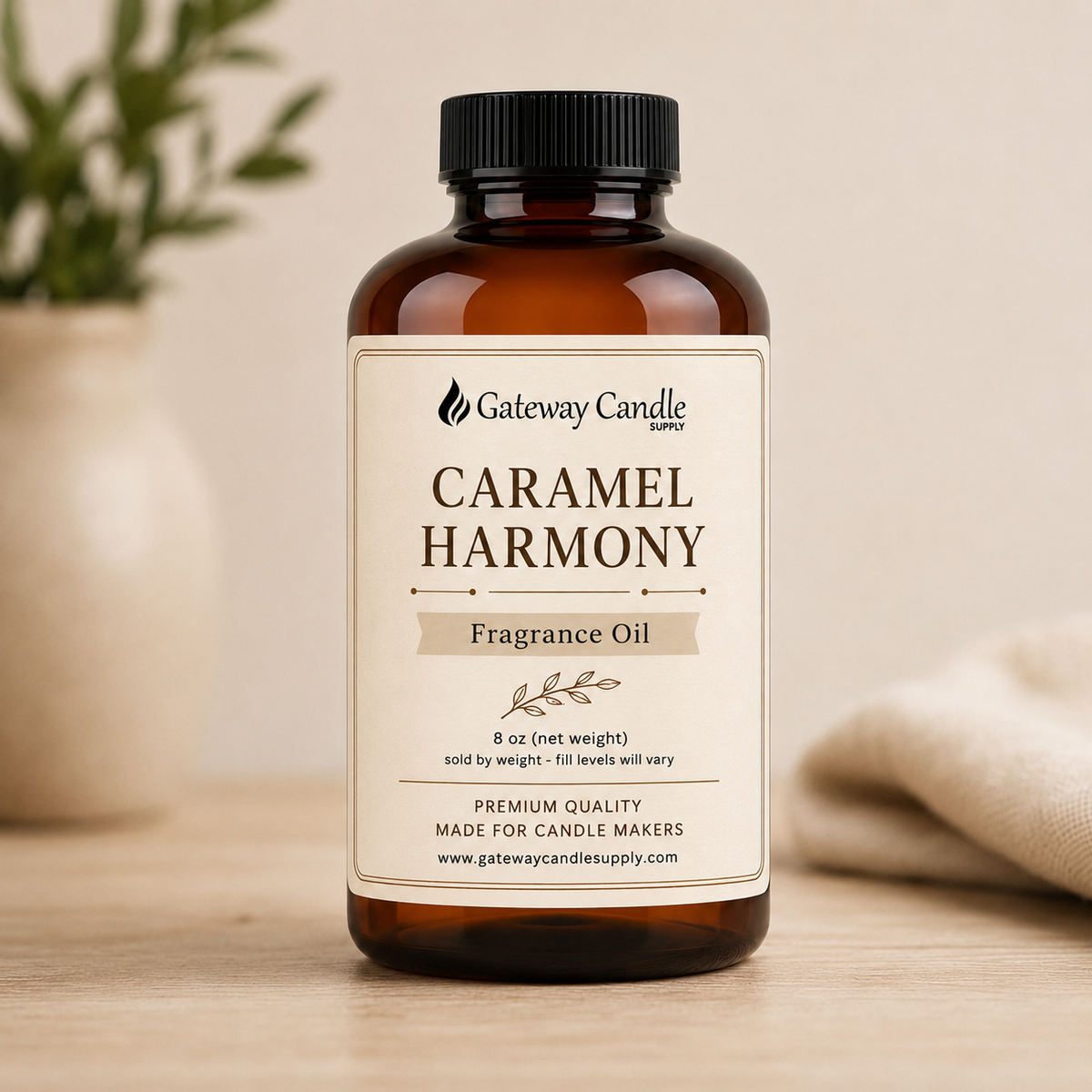 Caramel Harmony fragrance oil in an 8 oz amber bottle from Gateway Candle Supply
