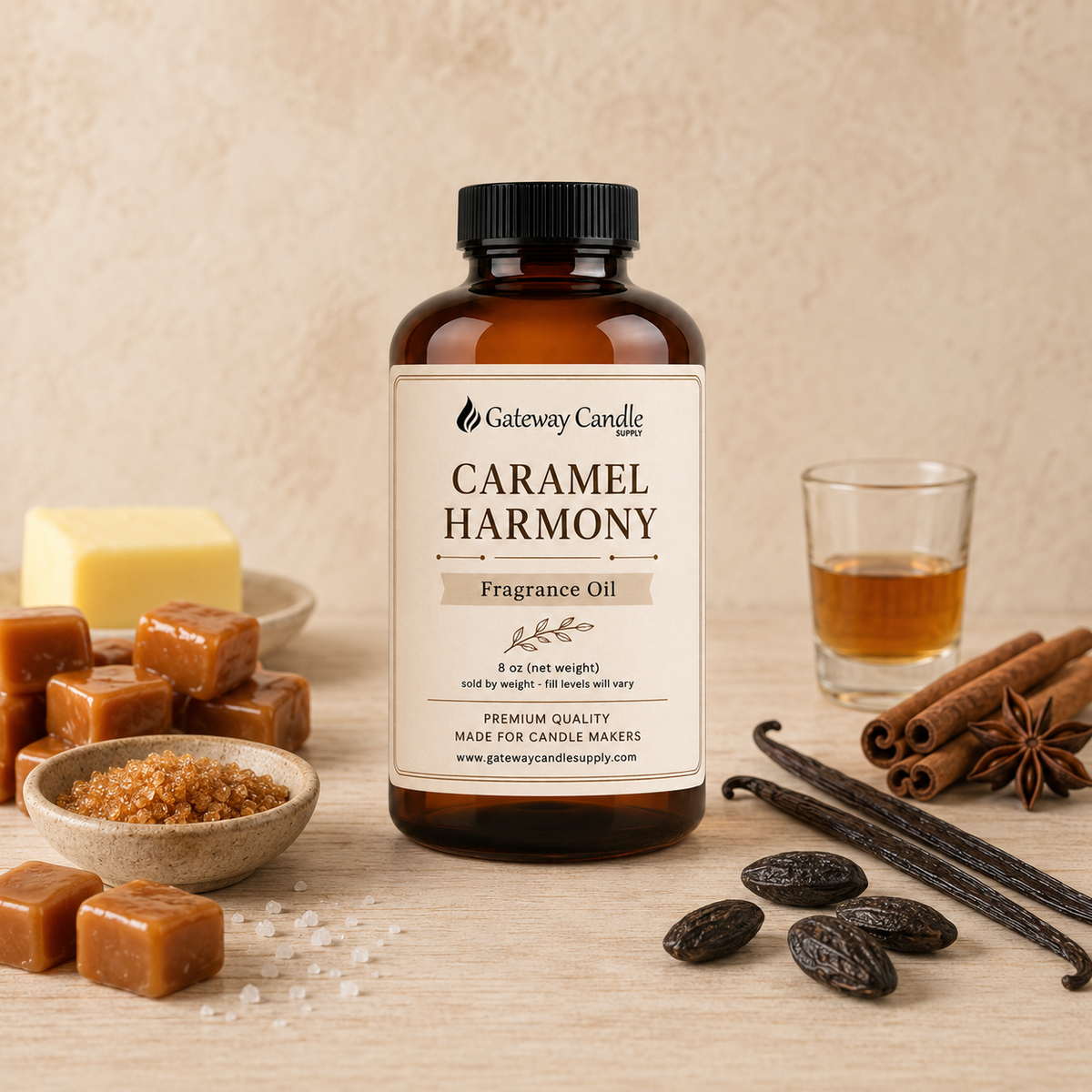 Caramel Harmony fragrance oil bottle surrounded by ingredients representing its scent notes