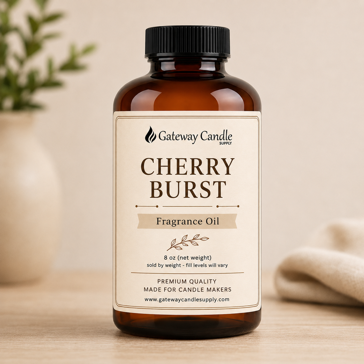 Cherry Burst fragrance oil in an 8 oz amber bottle from Gateway Candle Supply