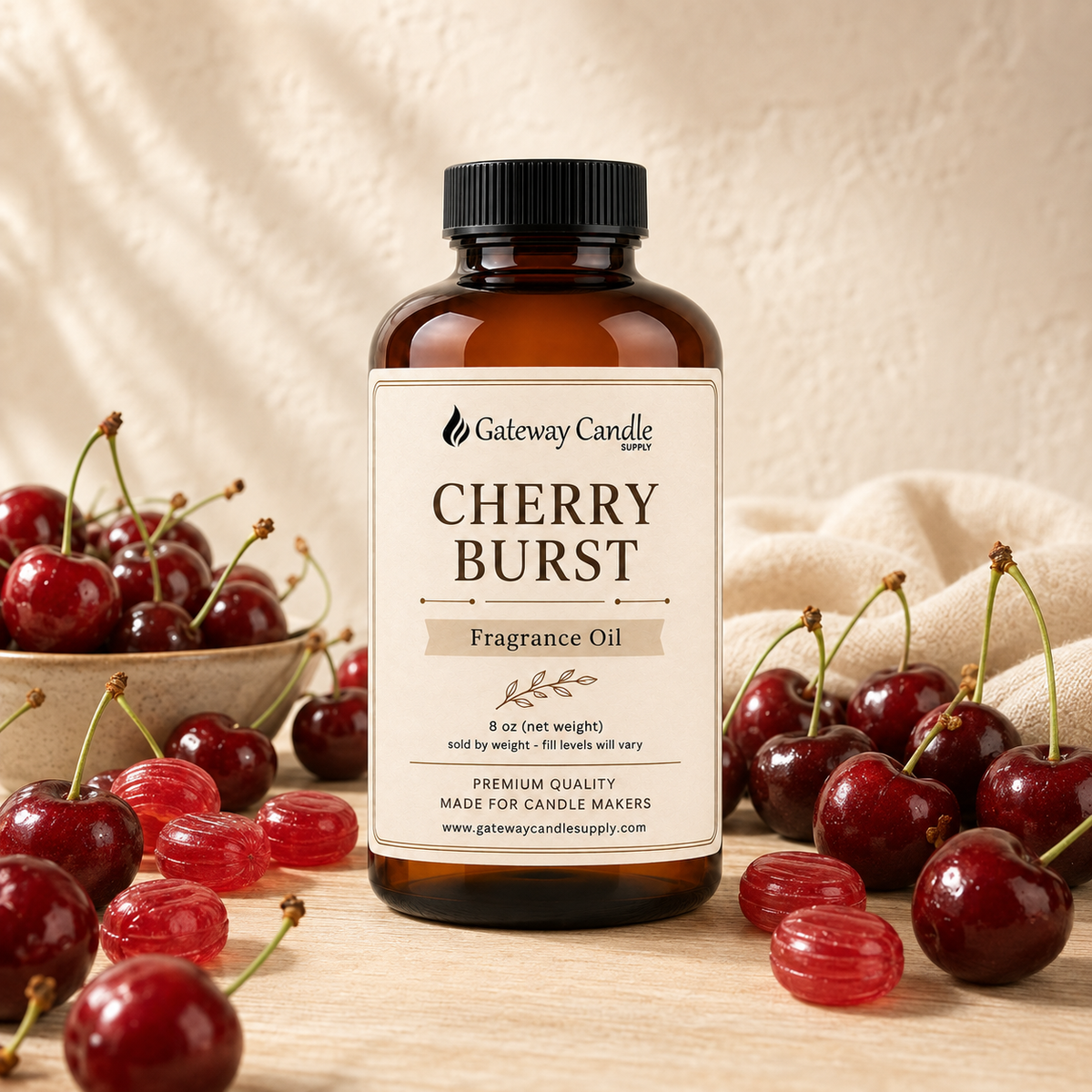 Cherry Burst fragrance oil bottle surrounded by ingredients representing its scent notes