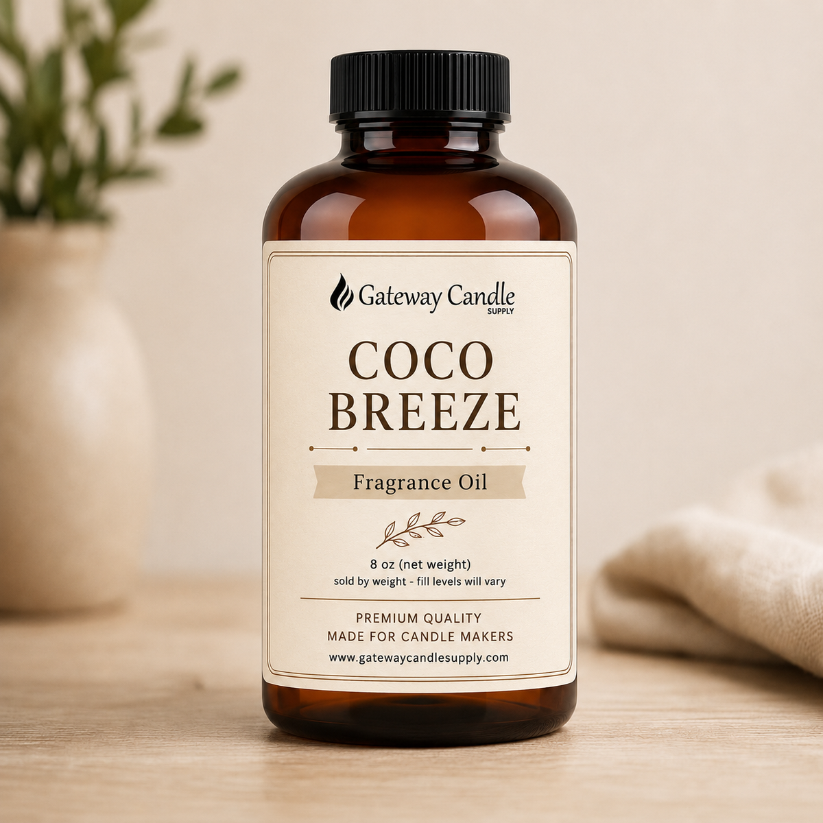 Coco Breeze fragrance oil in an 8 oz amber bottle from Gateway Candle Supply