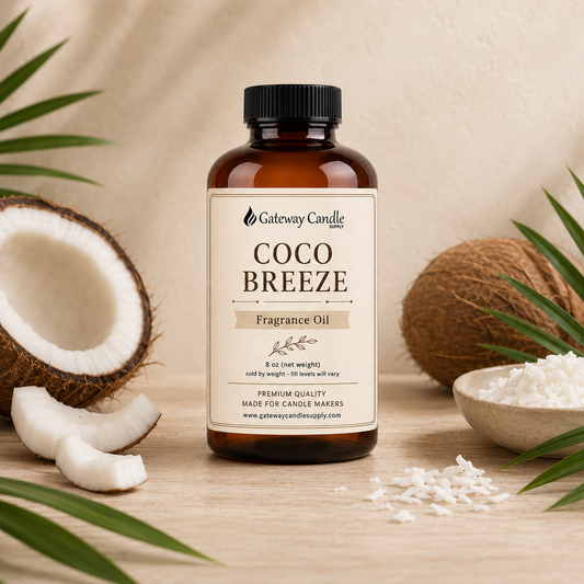 Coco Breeze fragrance oil bottle surrounded by ingredients representing its scent notes