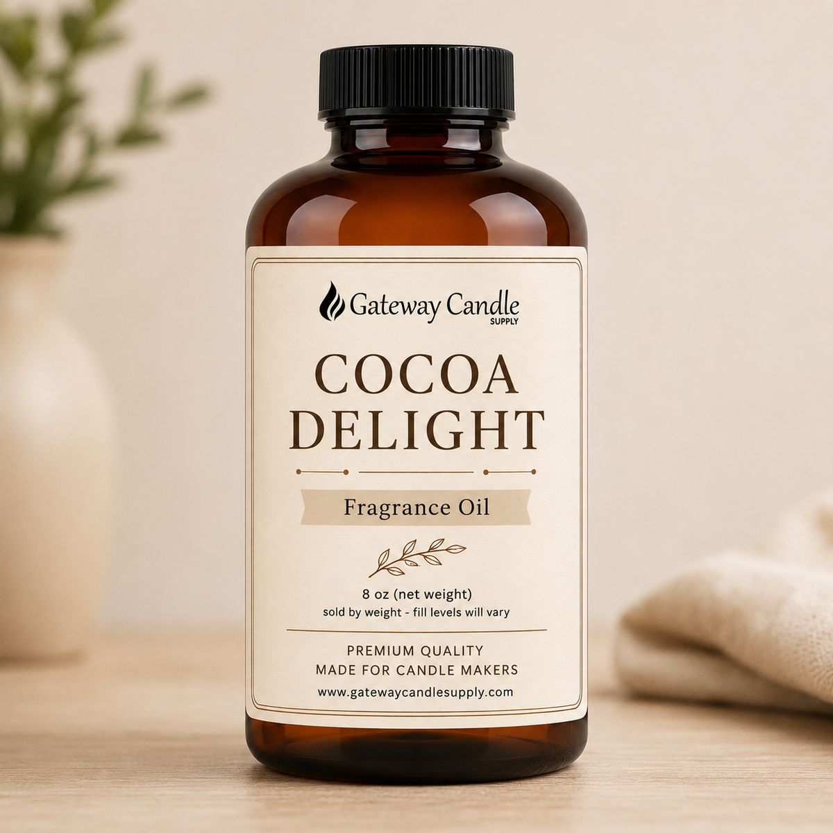 Cocoa Delight fragrance oil in an 8 oz amber bottle from Gateway Candle Supply