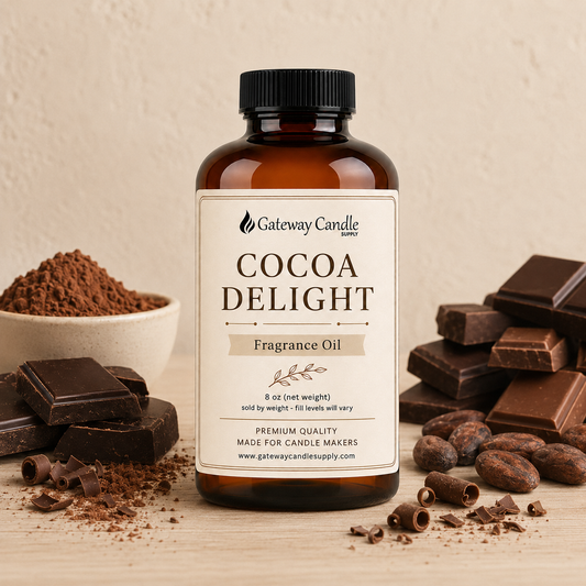 Cocoa Delight fragrance oil bottle surrounded by ingredients representing its scent notes