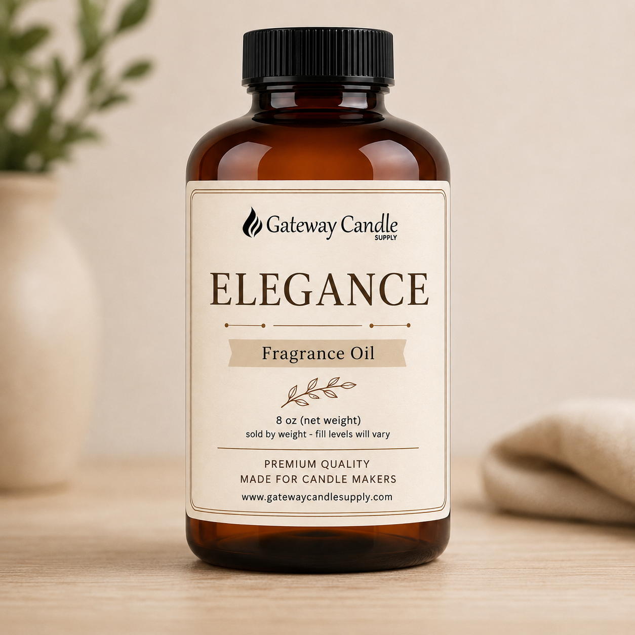 Elegance fragrance oil in an 8 oz amber bottle from Gateway Candle Supply
