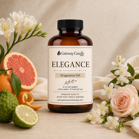 Elegance fragrance oil bottle surrounded by ingredients representing its scent notes
