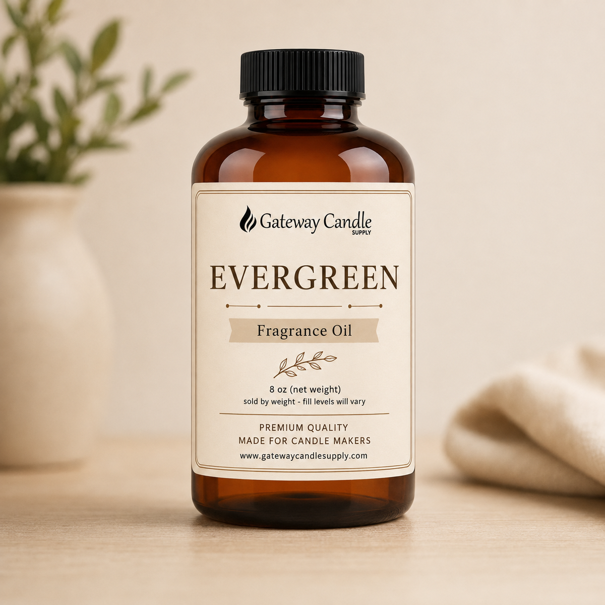 Evergreen fragrance oil in an 8 oz amber bottle from Gateway Candle Supply