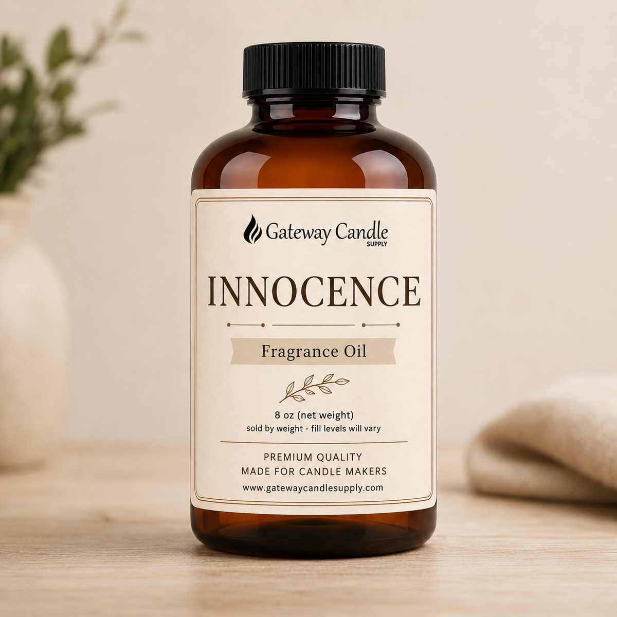 Innocence fragrance oil in an 8 oz amber bottle from Gateway Candle Supply