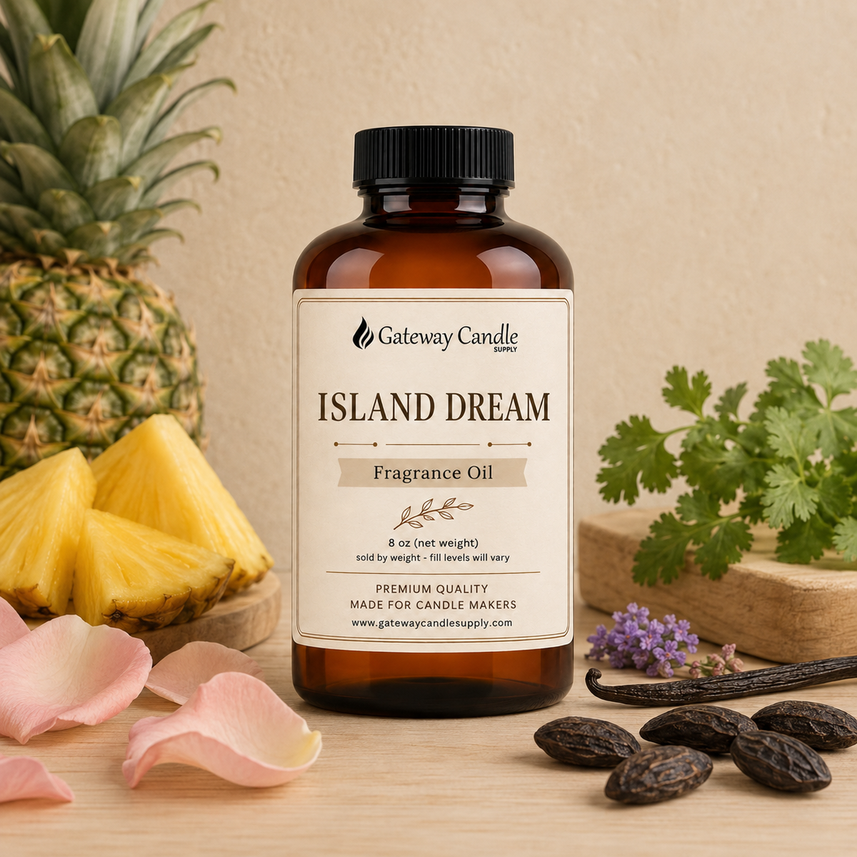 Island Dream fragrance oil bottle surrounded by ingredients representing its scent notes