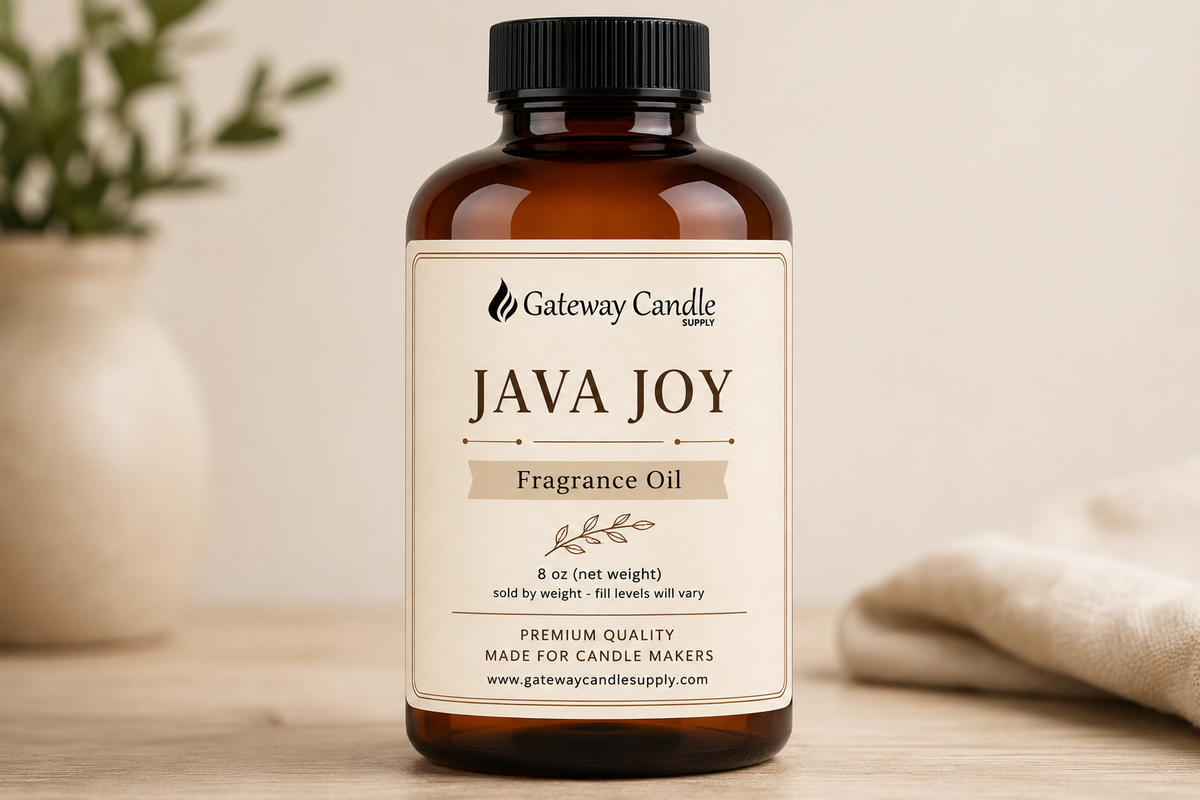 Java Joy fragrance oil in an 8 oz amber Boston round bottle from Gateway Candle Supply