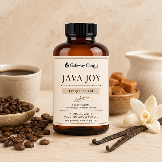 Java Joy fragrance oil bottle surrounded by ingredients representing its scent notes