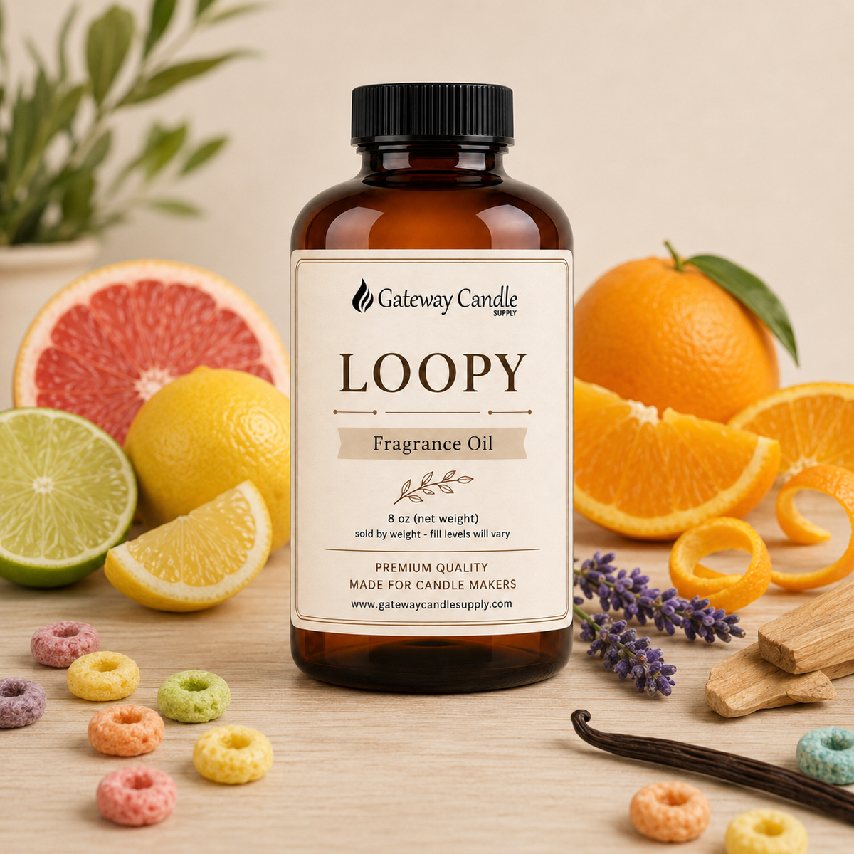 Loopy fragrance oil with citrus lavender vanilla sandalwood and colorful cereal rings