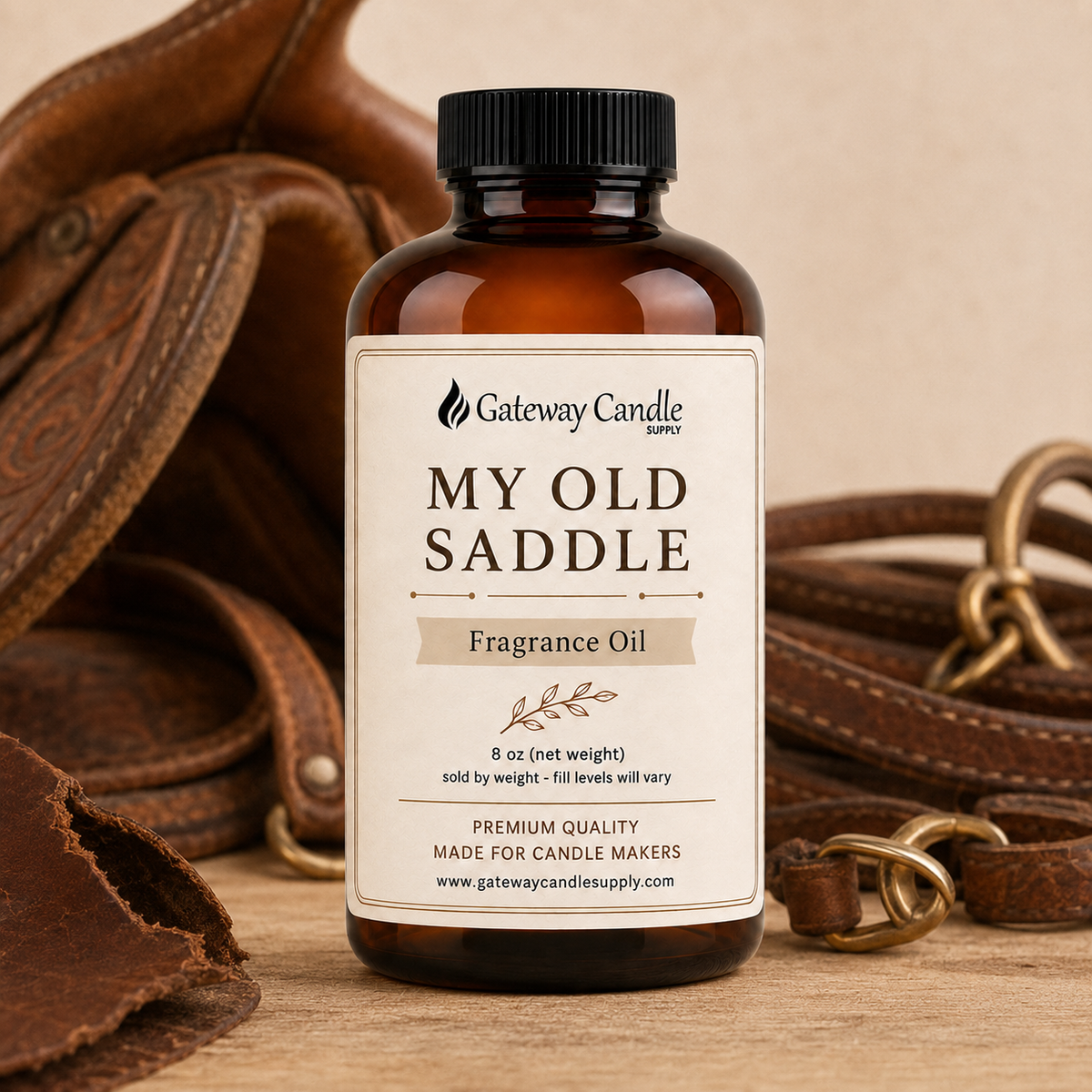 My Old Saddle fragrance oil with aged leather saddle and bridle