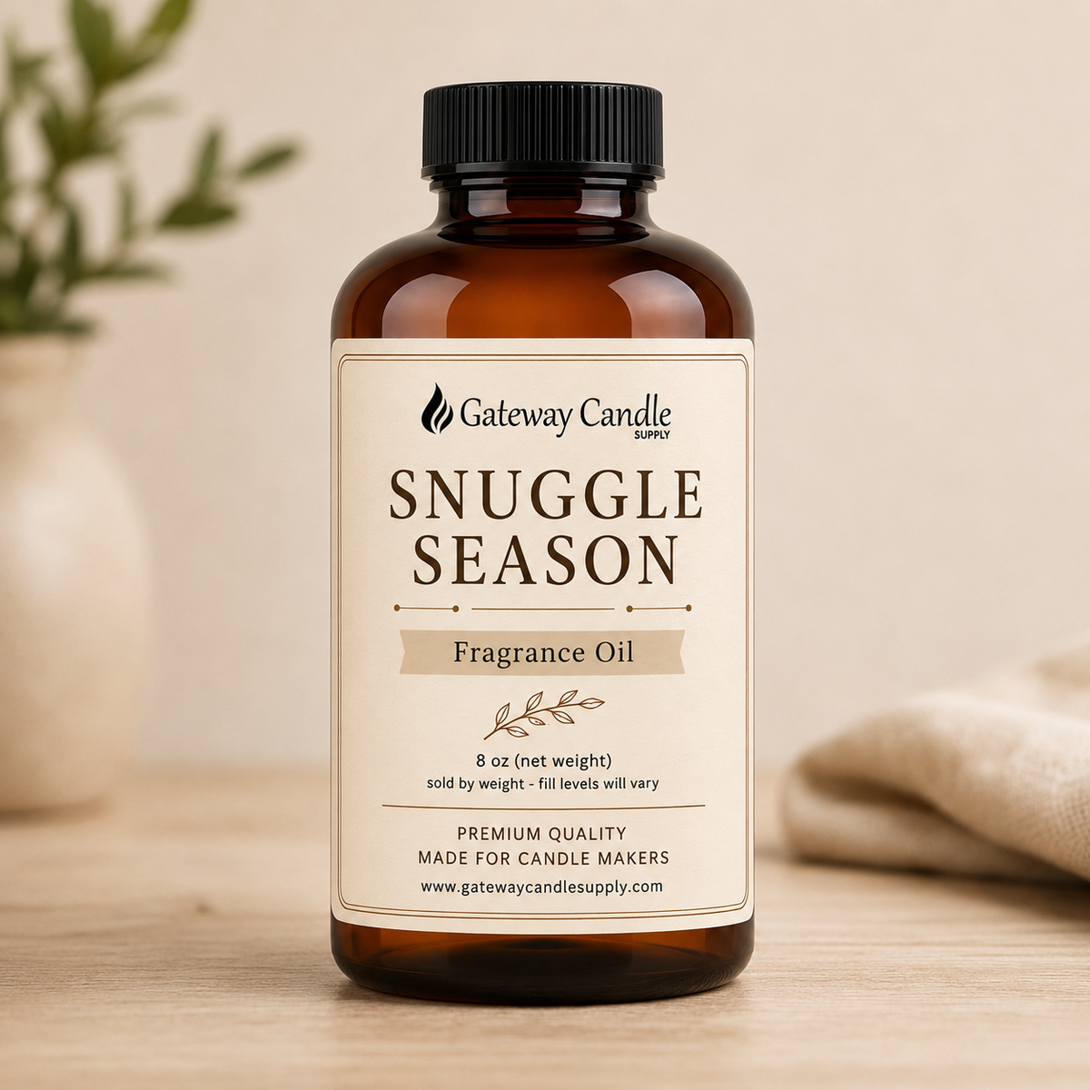 Snuggle Season fragrance oil in an 8 oz amber bottle from Gateway Candle Supply